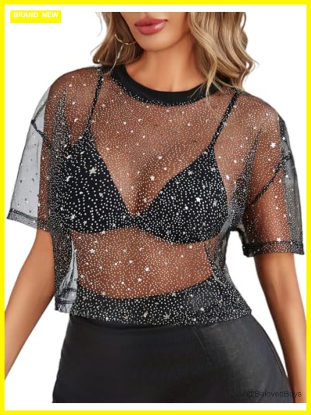 Avidlove Mesh Crop Top Short Sleeve See Through Sheer Geometric Womens
